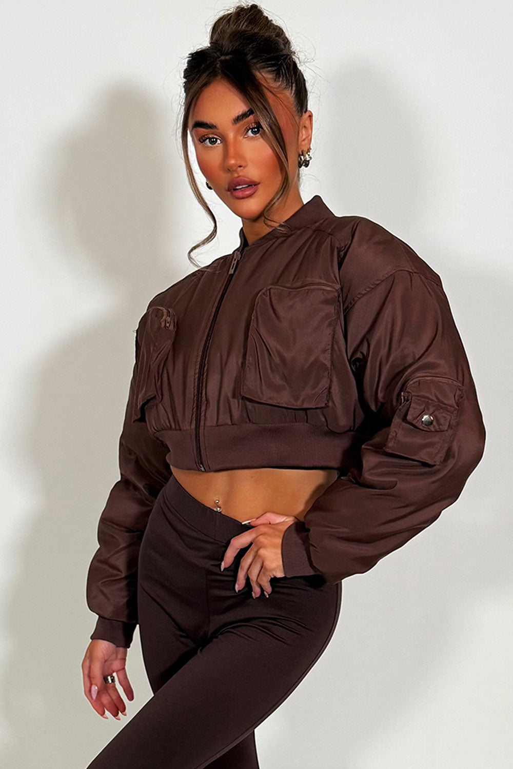 Crop Bomber Jacket with Pockets Brown | Xtralitty
