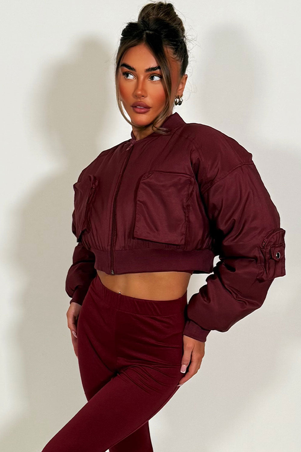 Crop Bomber Jacket with Pockets Burgundy | Xtralitty