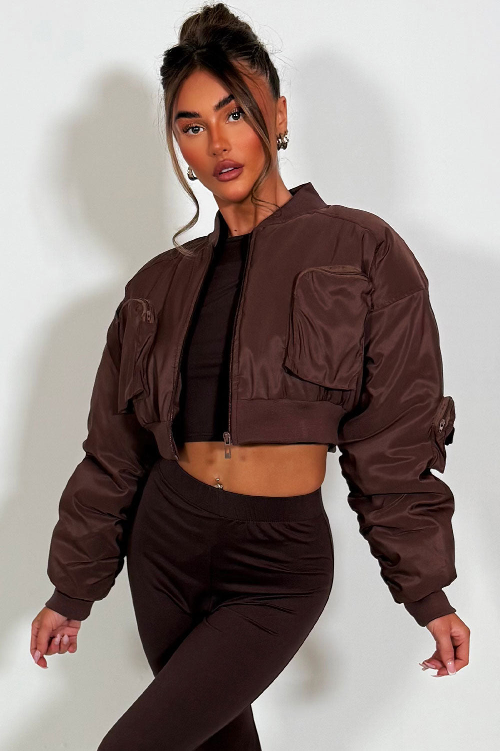 Crop Bomber Jacket with Pockets Brown | Xtralitty
