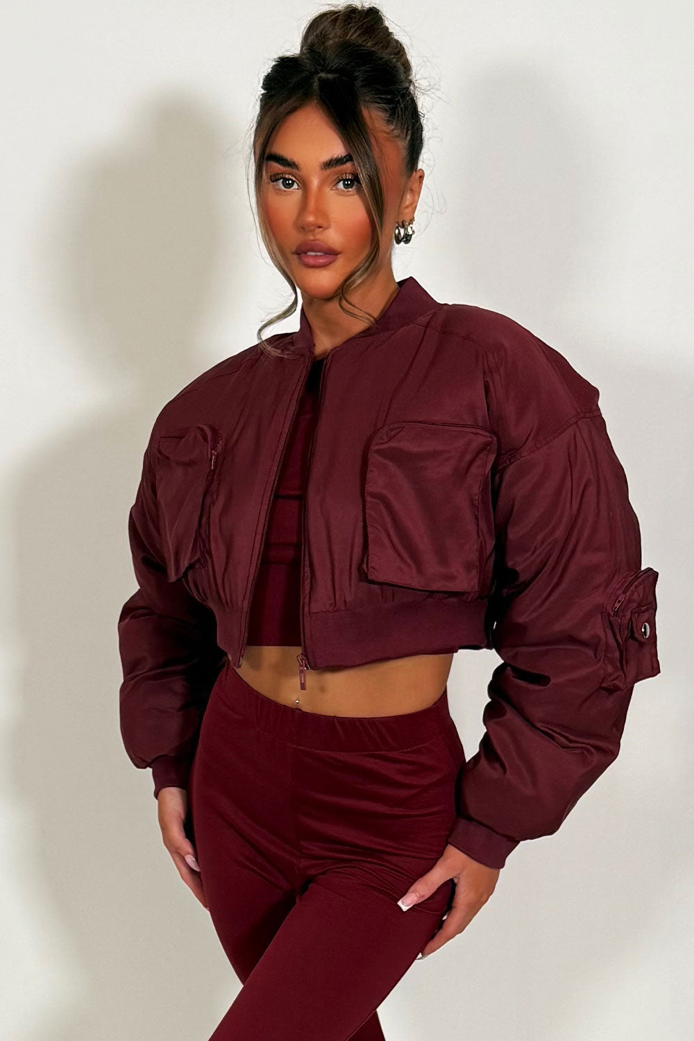 Crop Bomber Jacket with Pockets Burgundy | Xtralitty