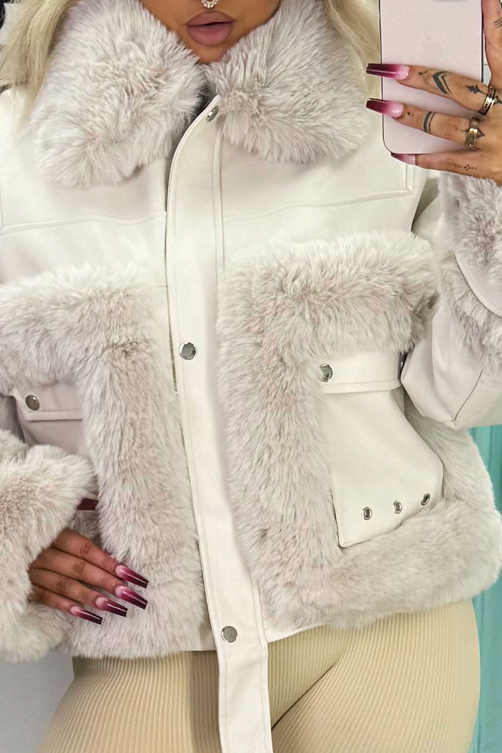Faux Fur Trim Faux Leather Jacket Beige | Xtralitty