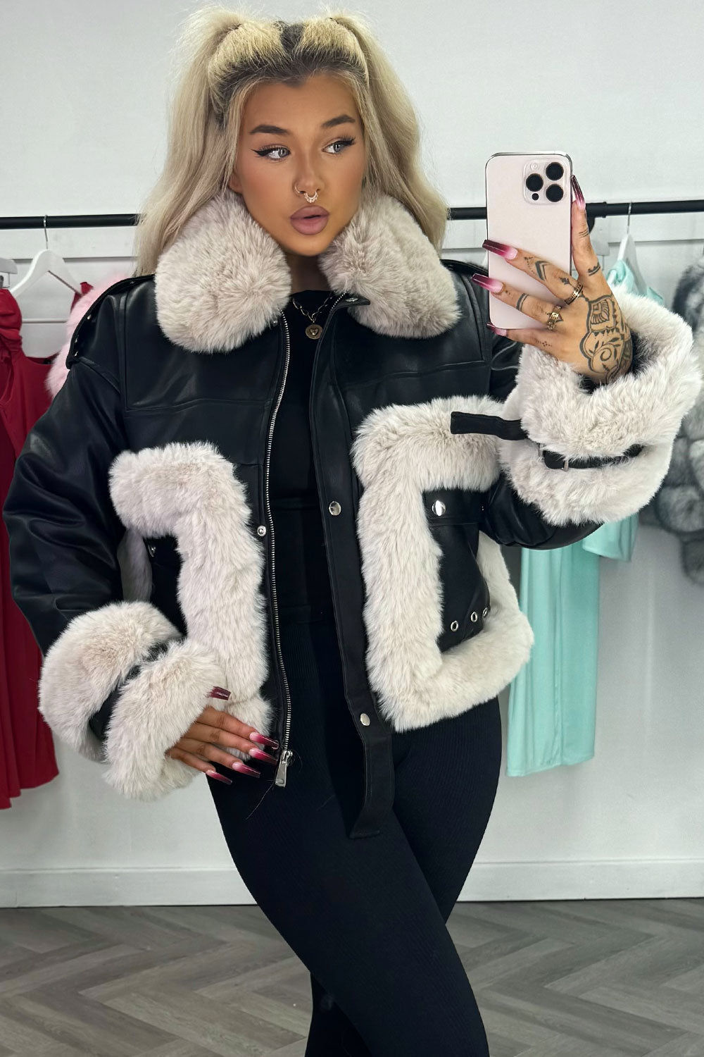 Faux Fur Trim Faux Leather Jacket Black | Xtralitty