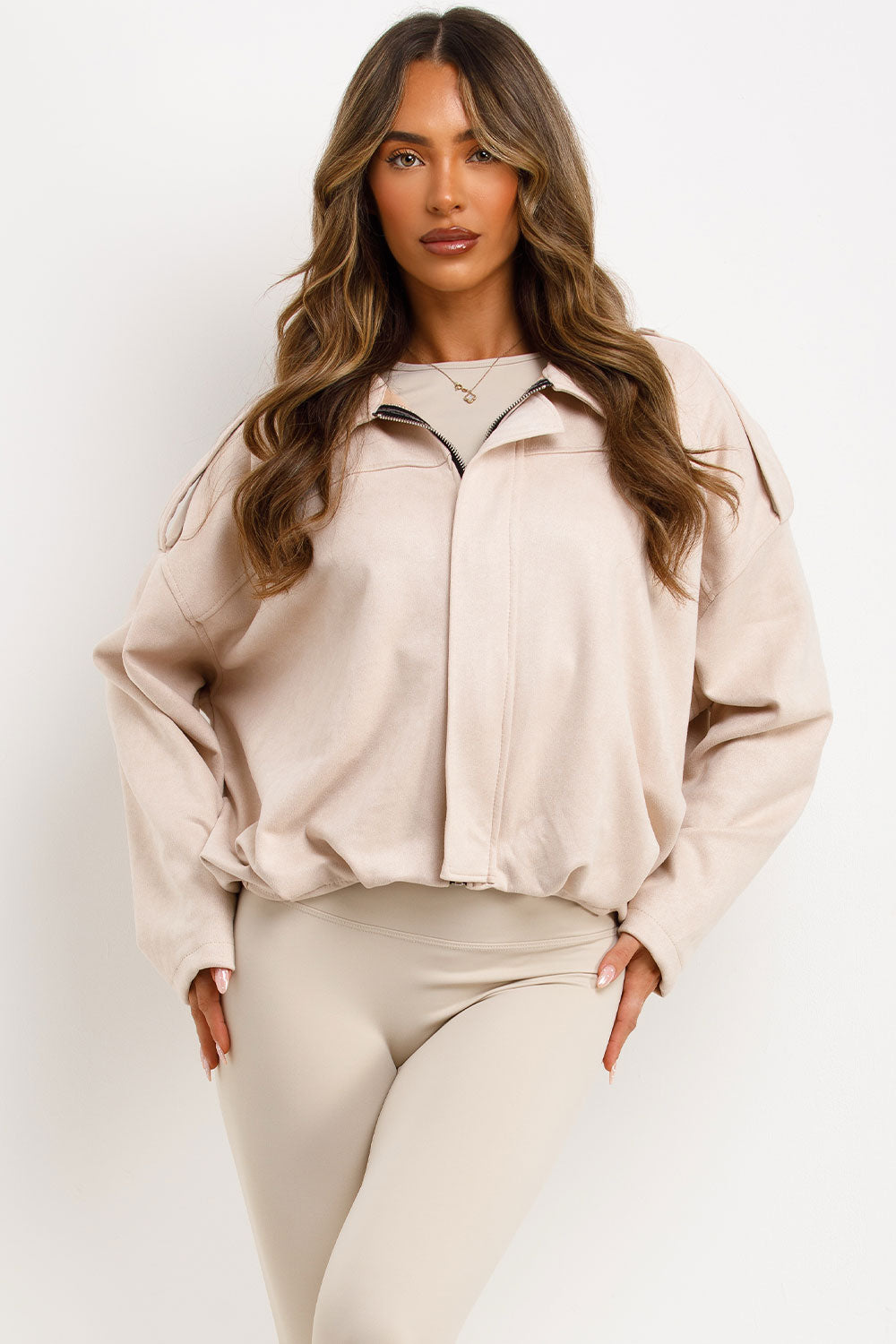 Faux Suede Bomber Jacket with Tabs Beige | Xtralitty