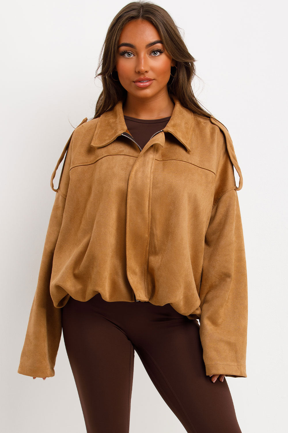 Faux Suede Bomber Jacket with Tabs Taupe | Xtralitty