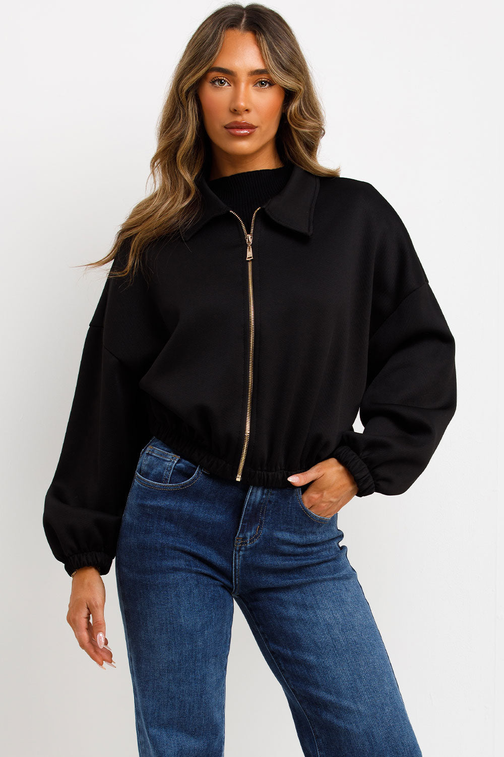 Puffed Bomber Jacket with Collar and Zip Black | Xtralitty