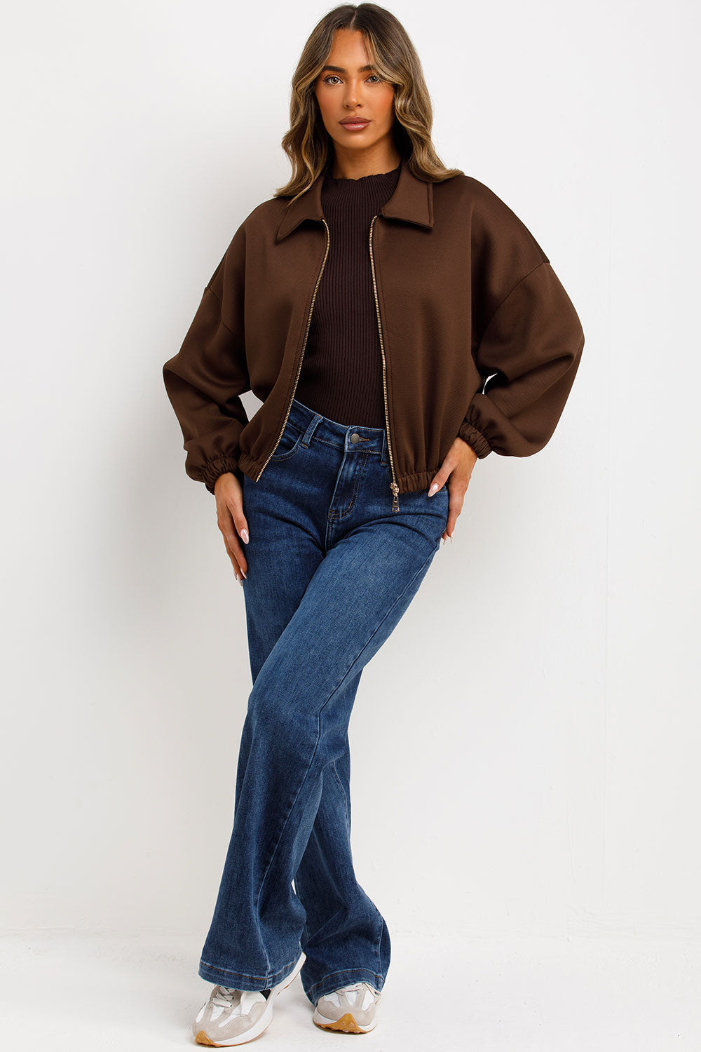 Puffed Bomber Jacket with Collar and Zip Brown | Xtralitty