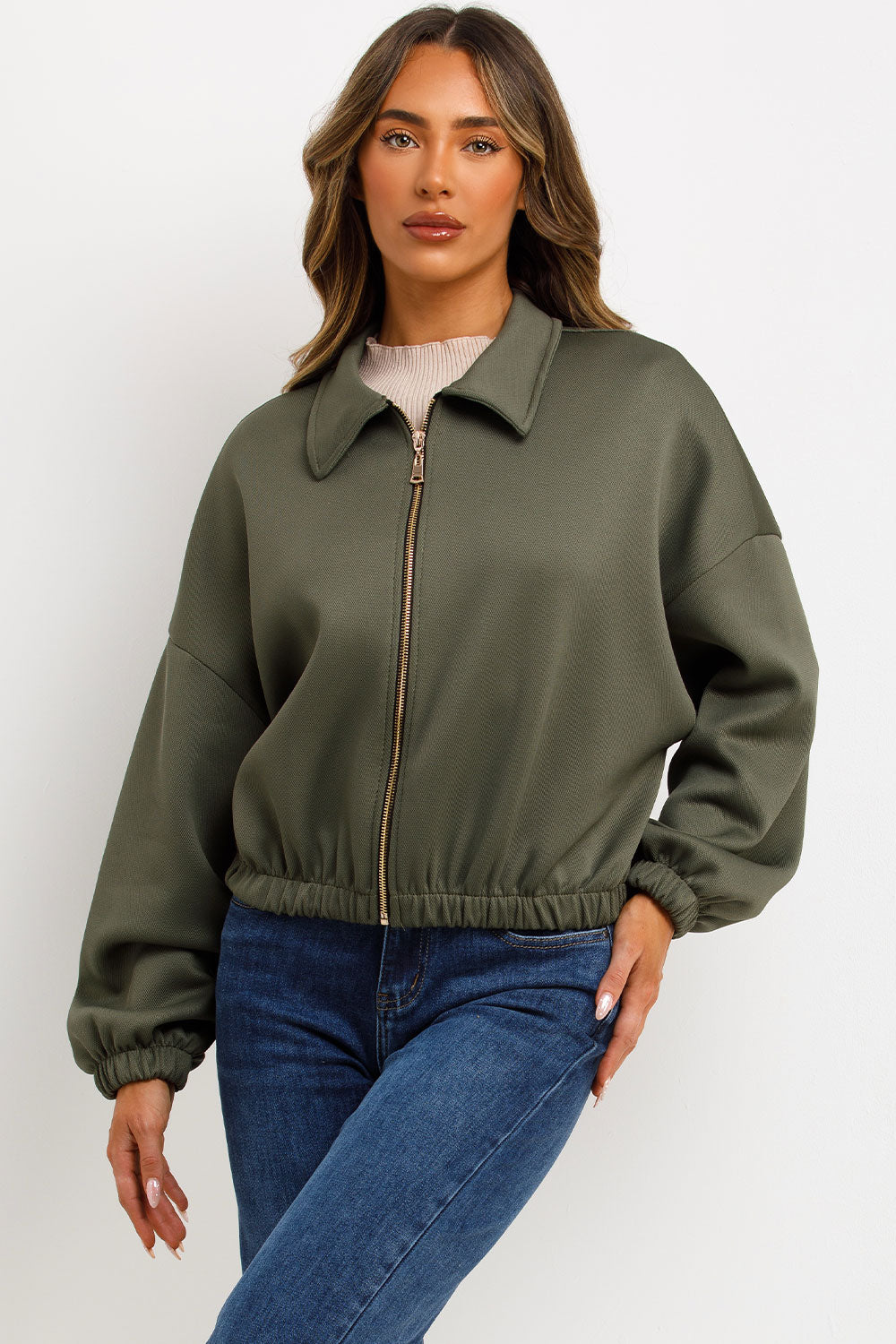 Puffed Bomber Jacket with Collar and Zip Khaki | Xtralitty