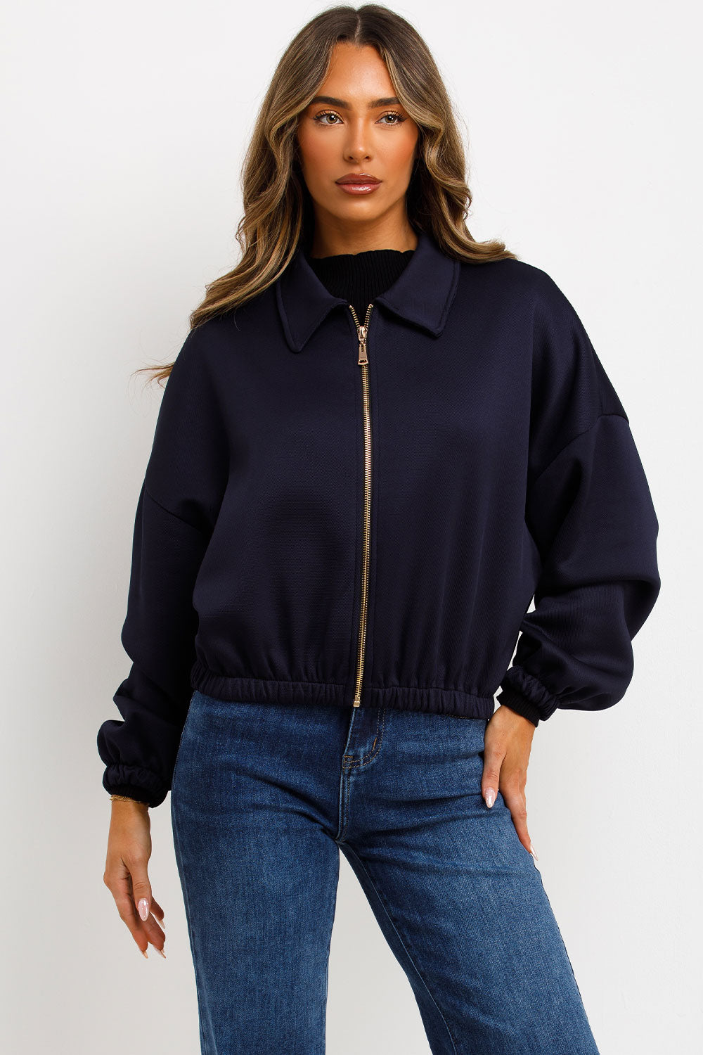 Puffed Bomber Jacket with Collar and Zip Navy | Xtralitty