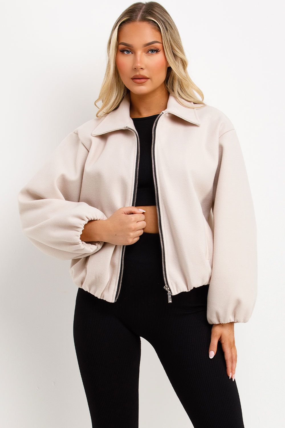 Puffed Bomber Jacket with Zip Beige | Xtralitty