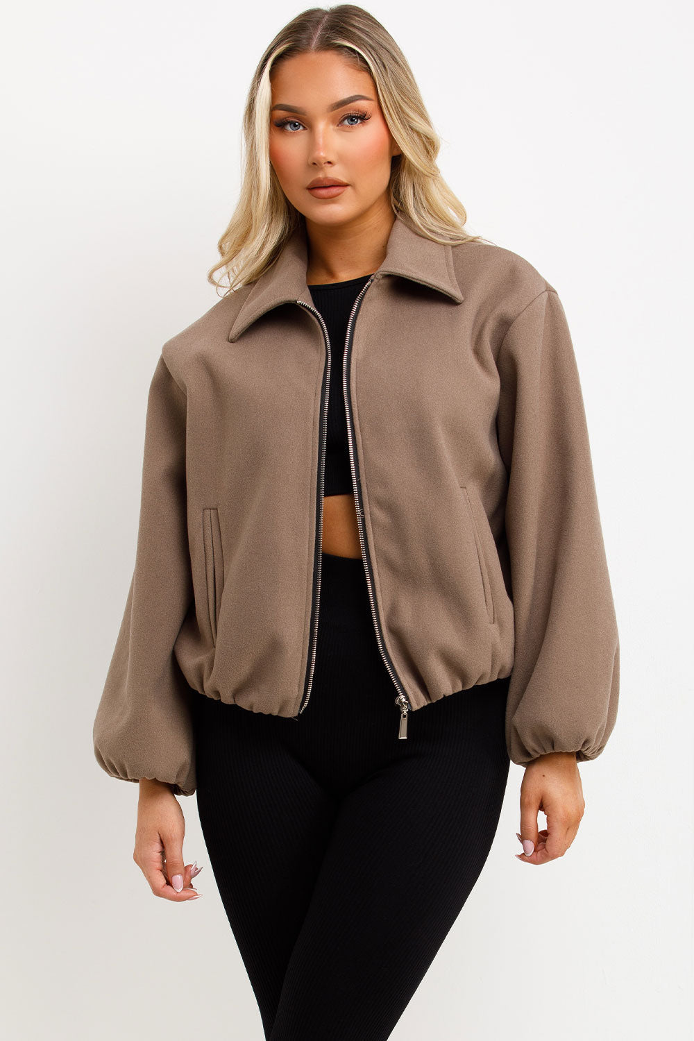 Puffed Bomber Jacket with Zip Taupe | Xtralitty