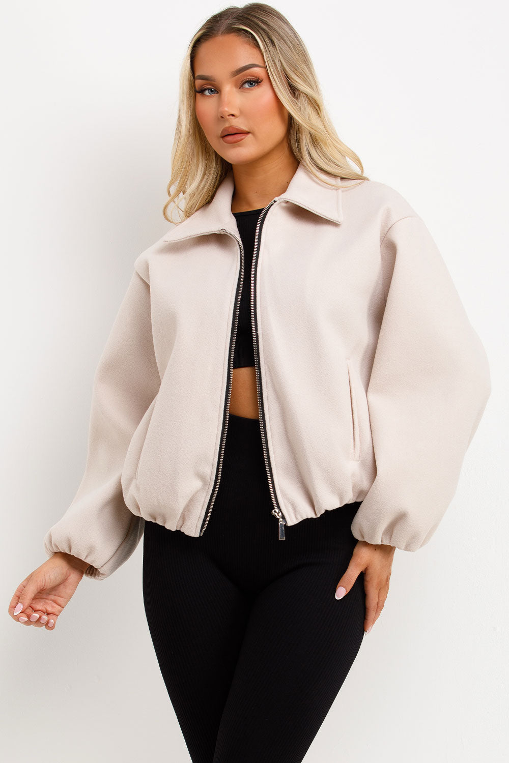 Puffed Bomber Jacket with Zip Beige | Xtralitty