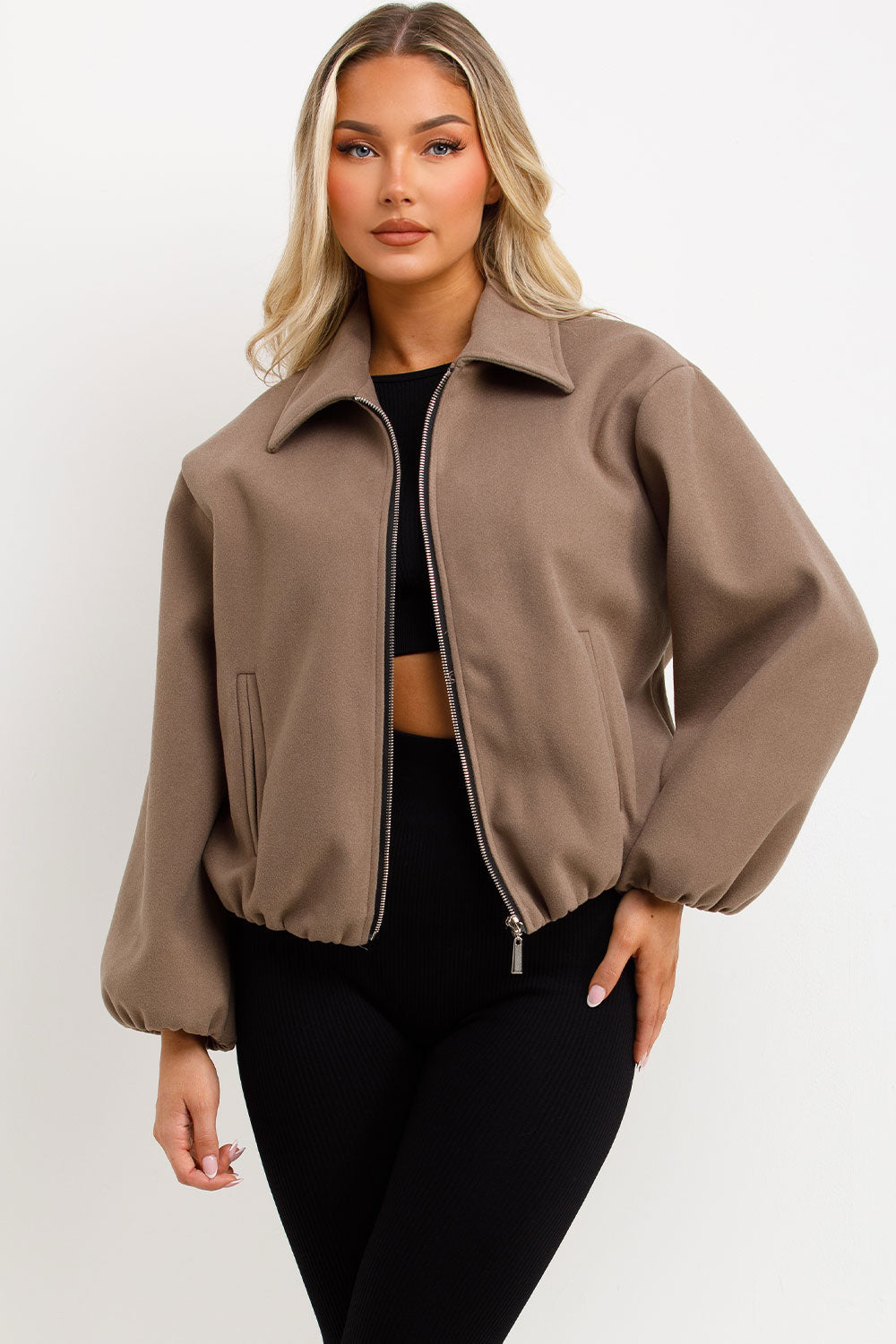 Puffed Bomber Jacket with Zip Taupe | Xtralitty