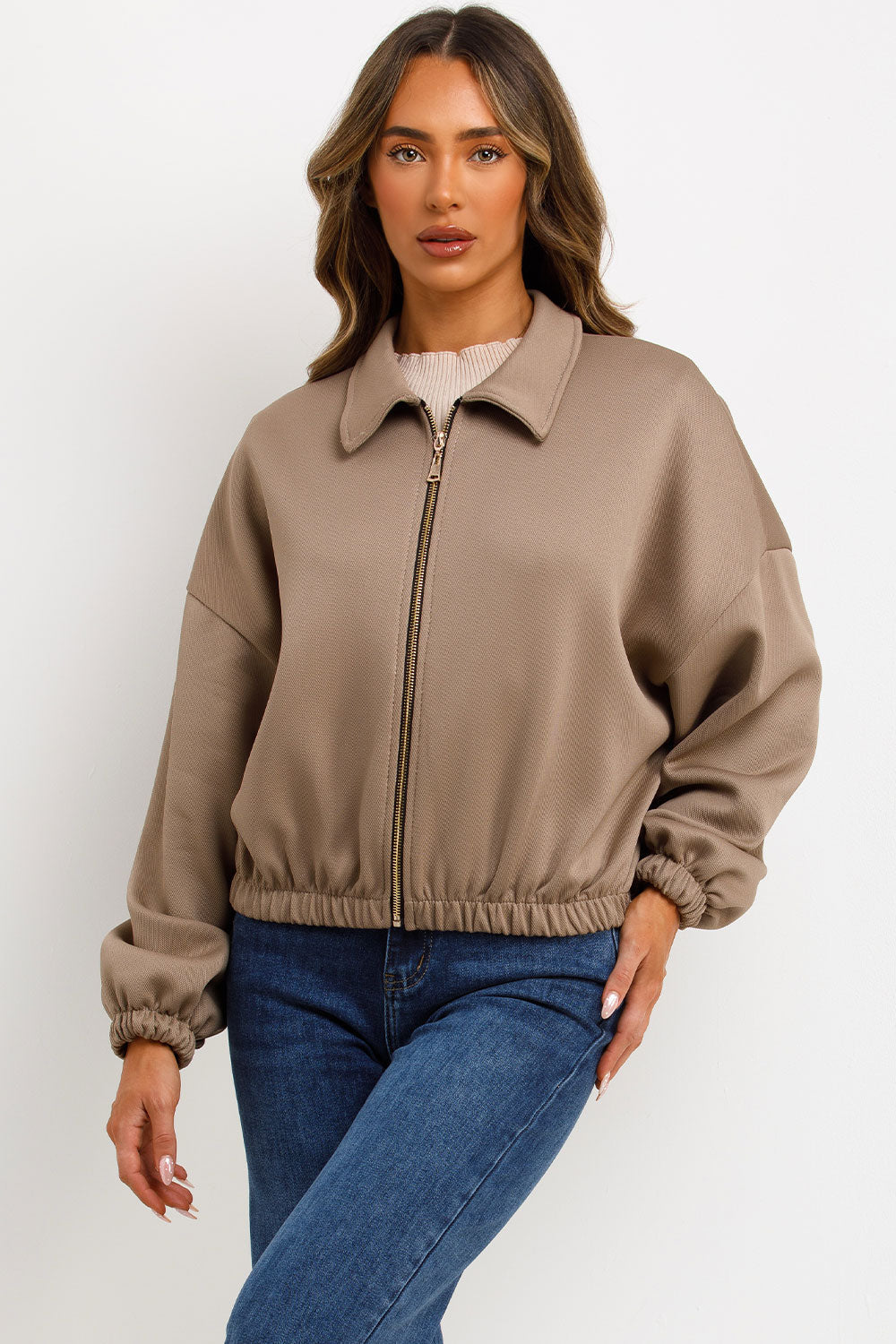 Puffed Bomber Jacket with Collar and Zip Taupe | Xtralitty
