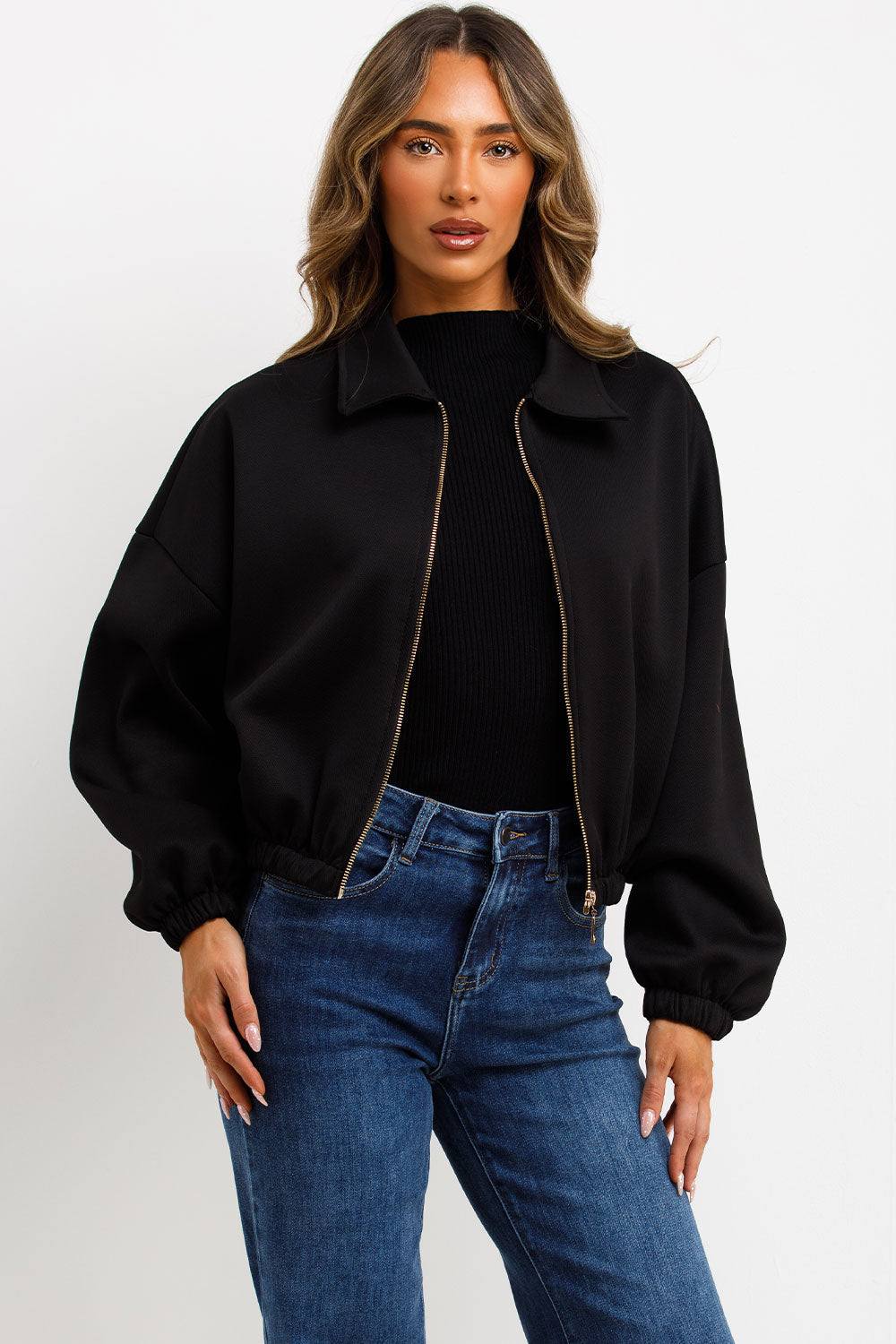 Puffed Bomber Jacket with Collar and Zip Black | Xtralitty