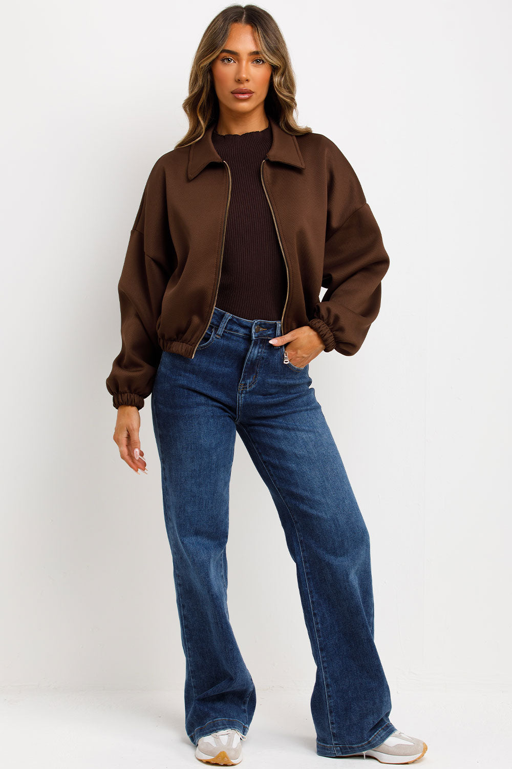 Puffed Bomber Jacket with Collar and Zip Brown | Xtralitty