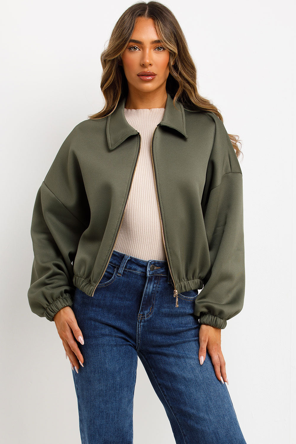 Puffed Bomber Jacket with Collar and Zip Khaki | Xtralitty