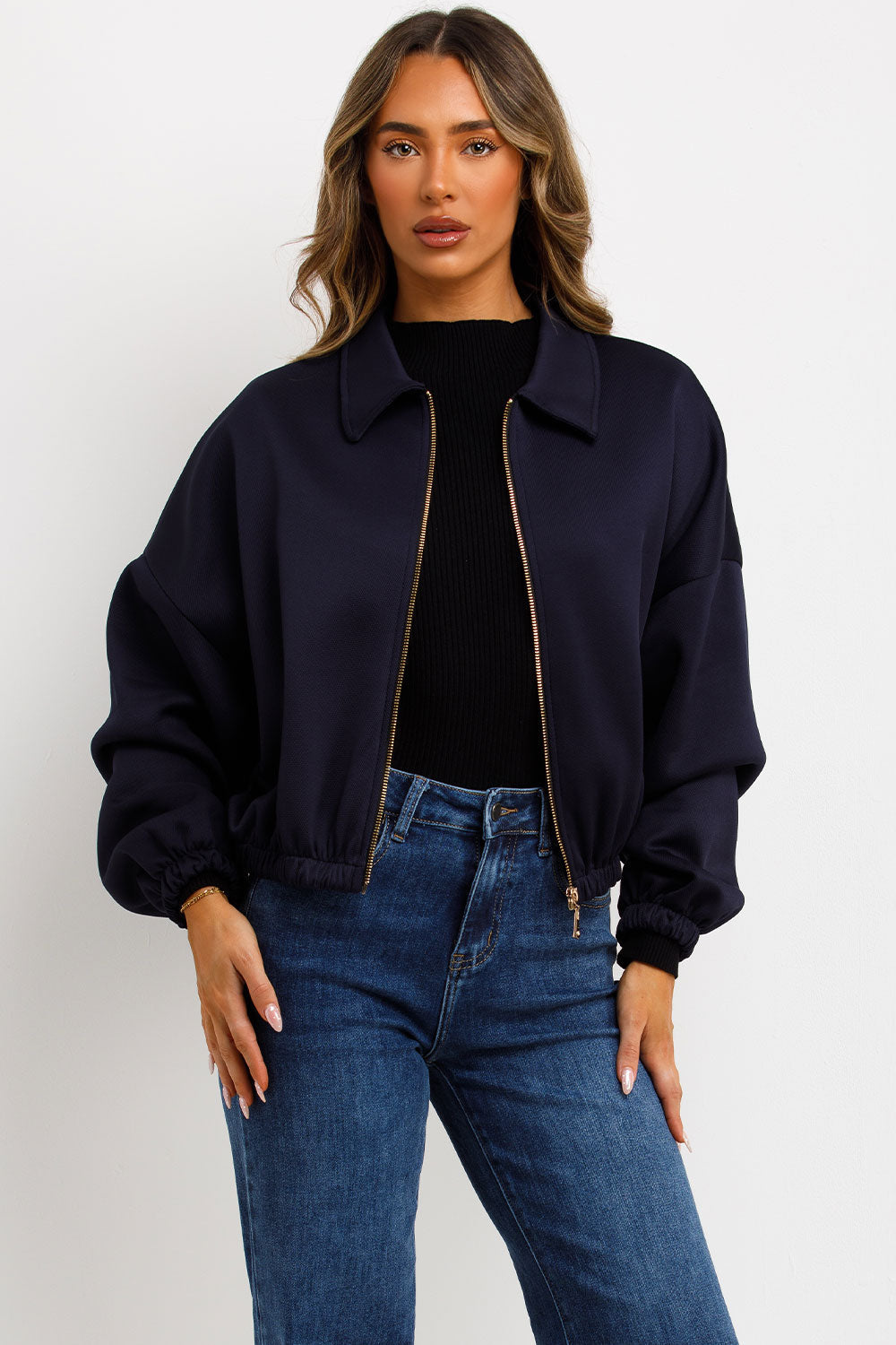Puffed Bomber Jacket with Collar and Zip Navy | Xtralitty