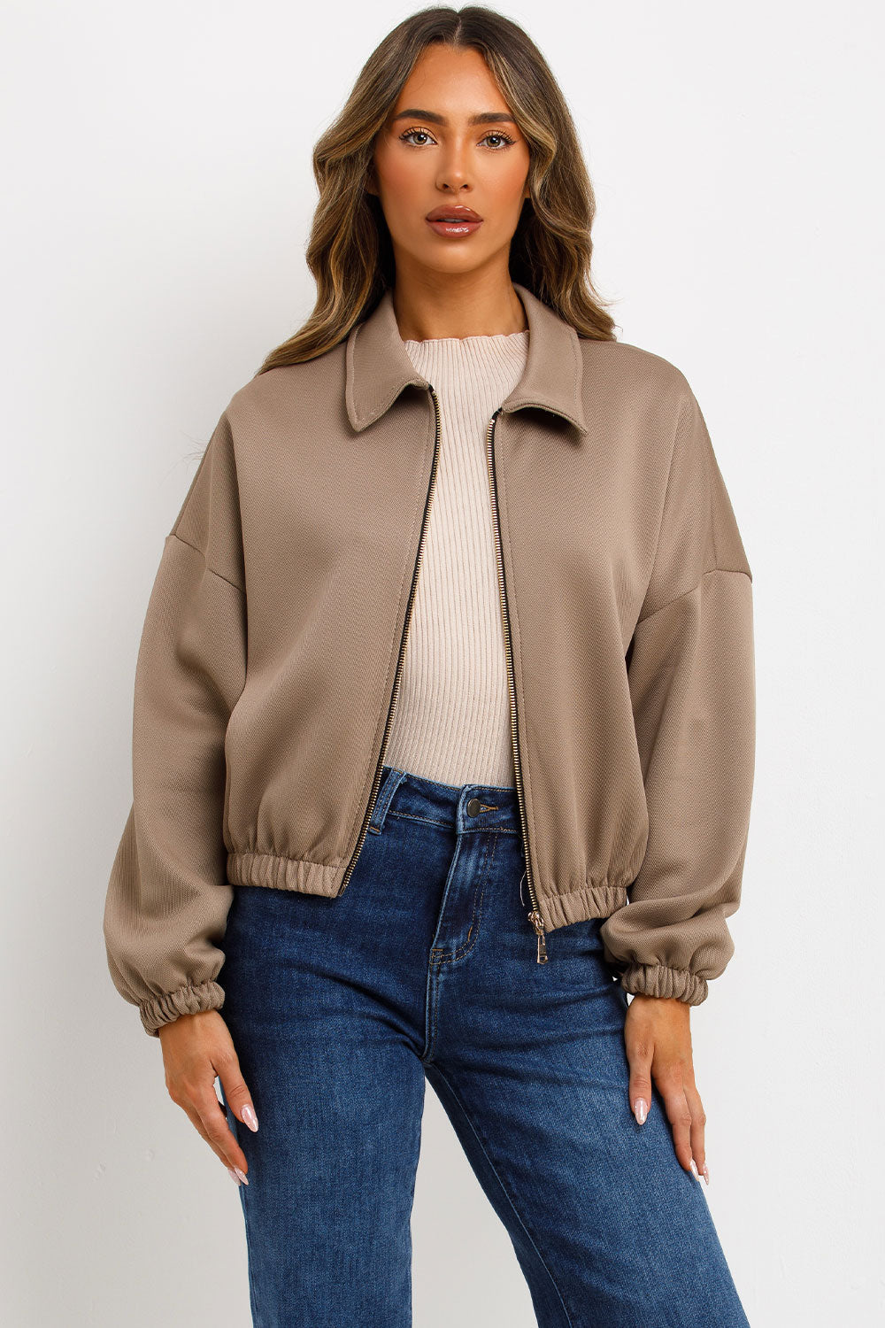 Puffed Bomber Jacket with Collar and Zip Taupe | Xtralitty