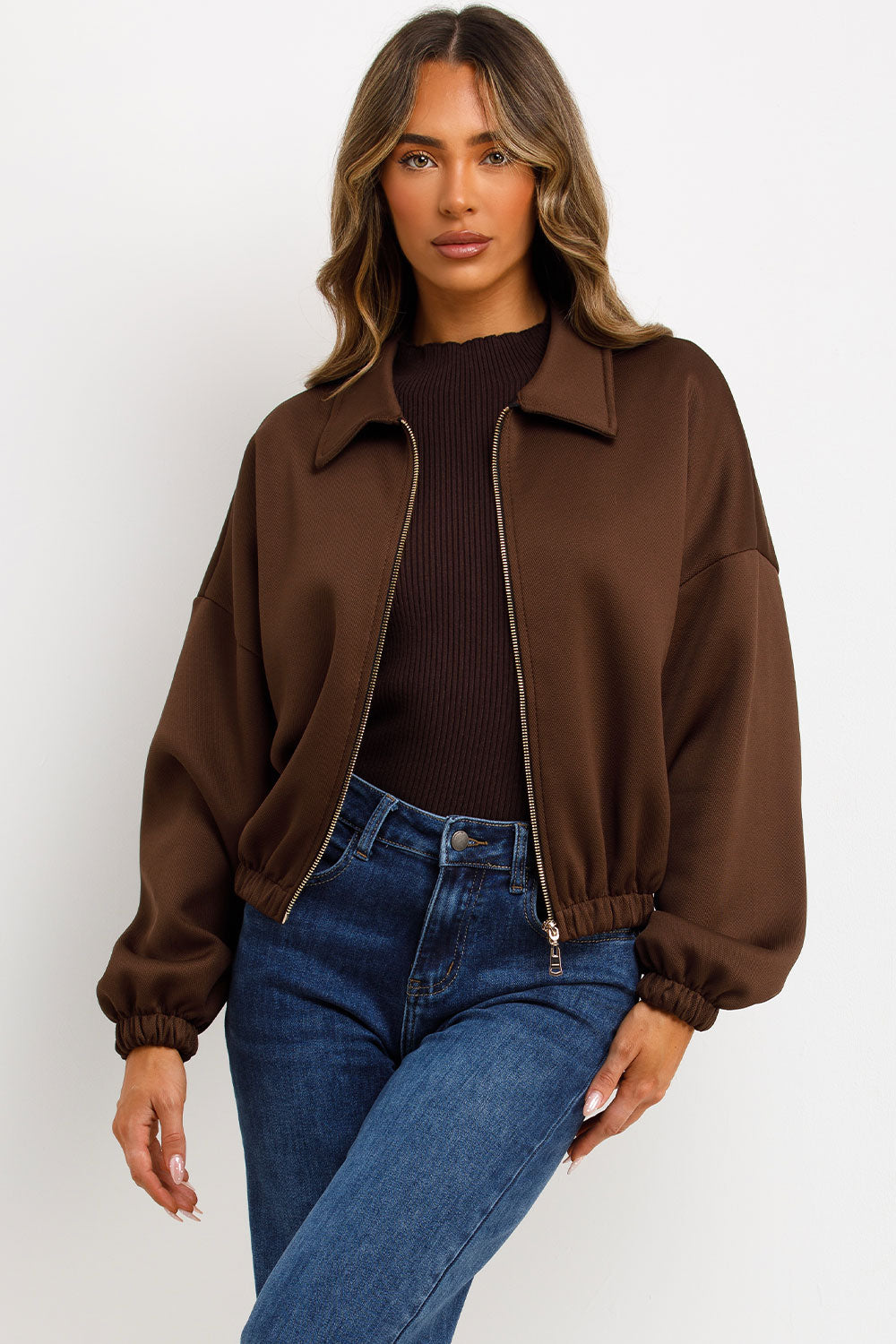 Puffed Bomber Jacket with Collar and Zip Brown | Xtralitty