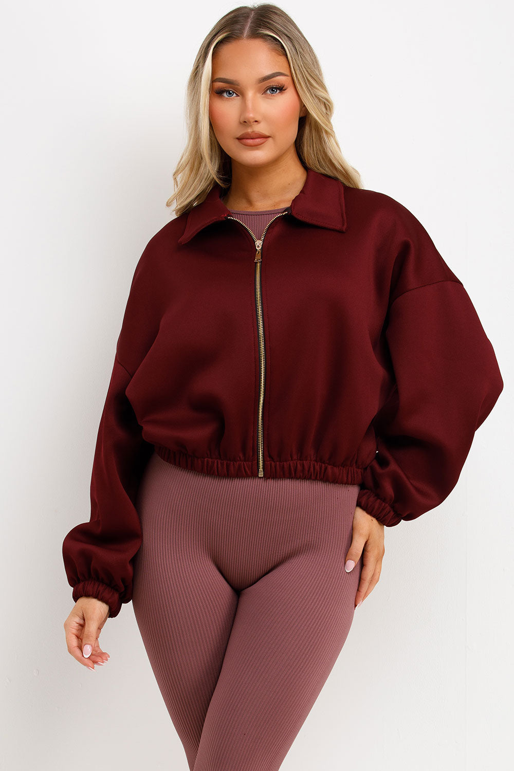 Puffed Bomber Jacket with Collar and Zip Burgund | Xtralitty