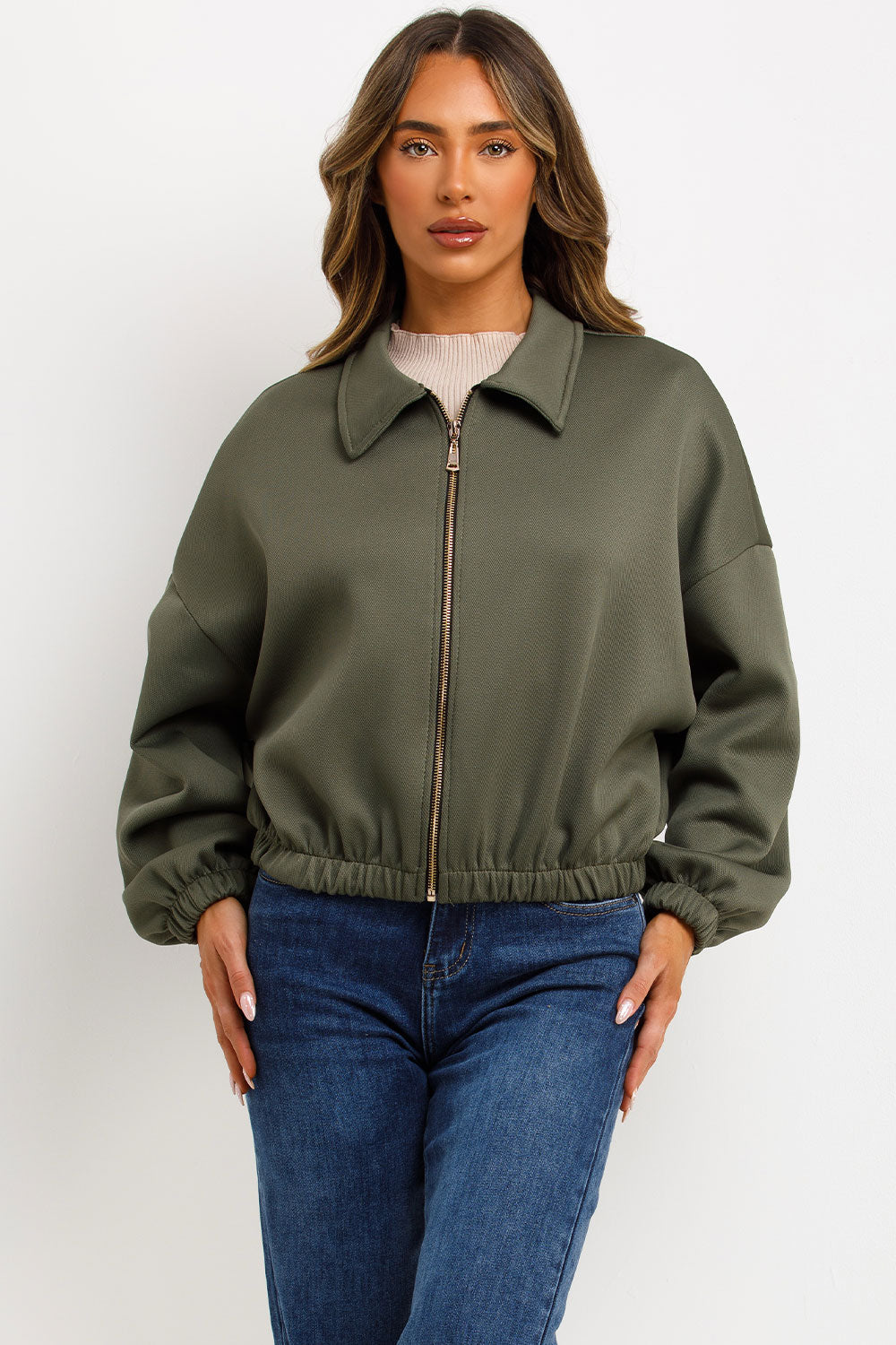 Puffed Bomber Jacket with Collar and Zip Khaki | Xtralitty