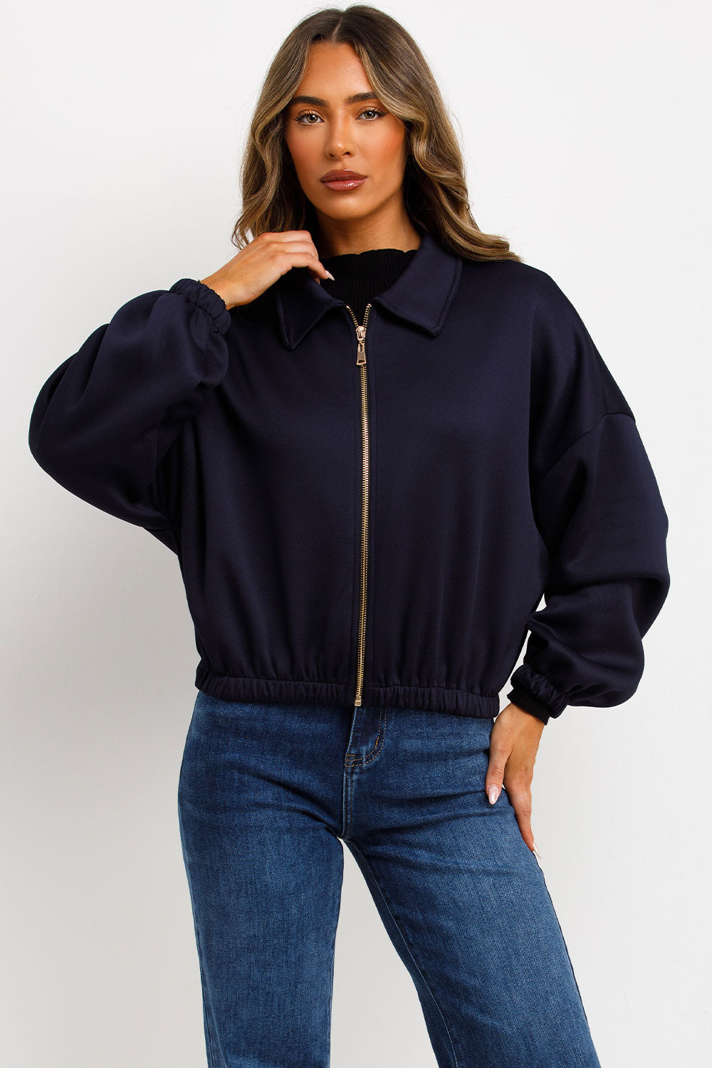 Puffed Bomber Jacket with Collar and Zip Navy | Xtralitty