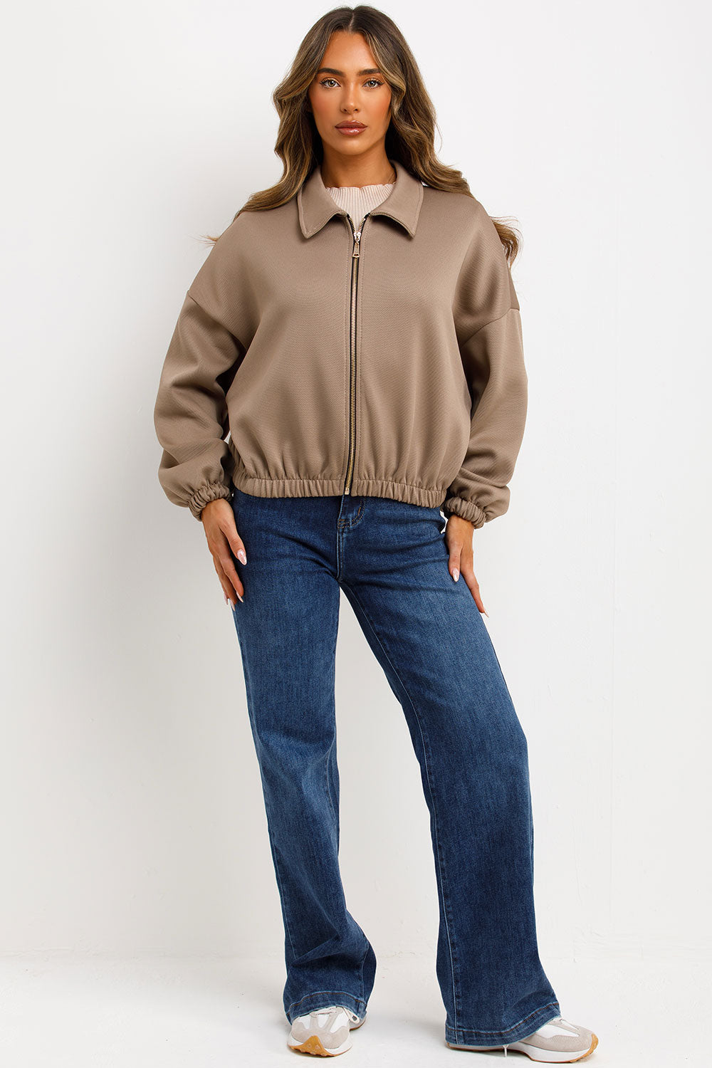 Puffed Bomber Jacket with Collar and Zip Taupe | Xtralitty