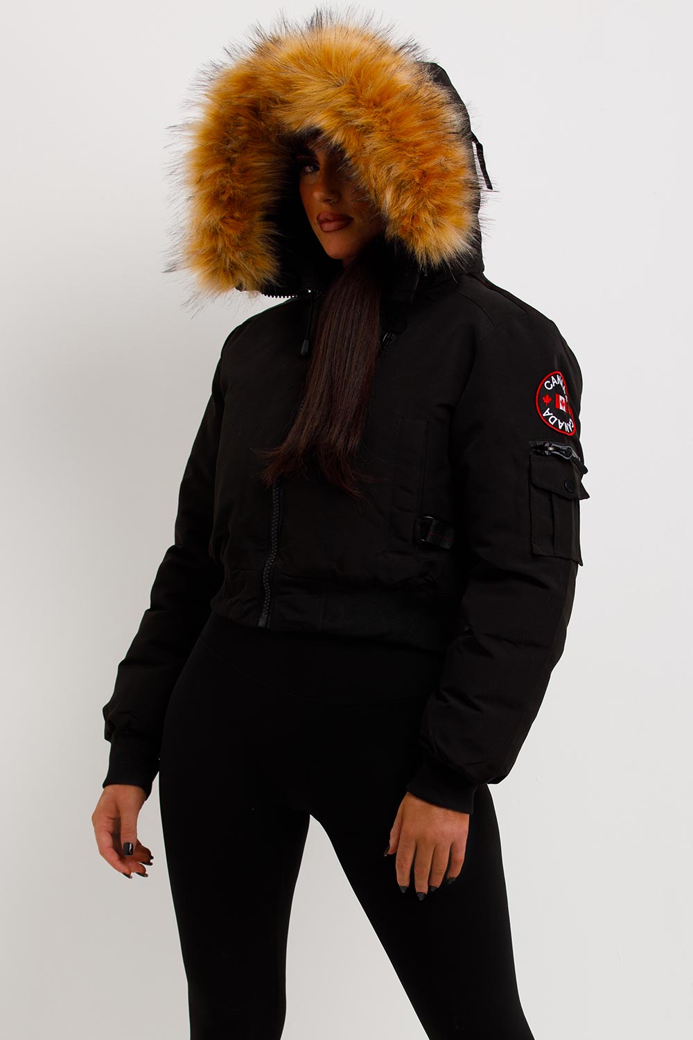 Canada Crop Bomber Jacket with Fur Hood Black | Xtralitty