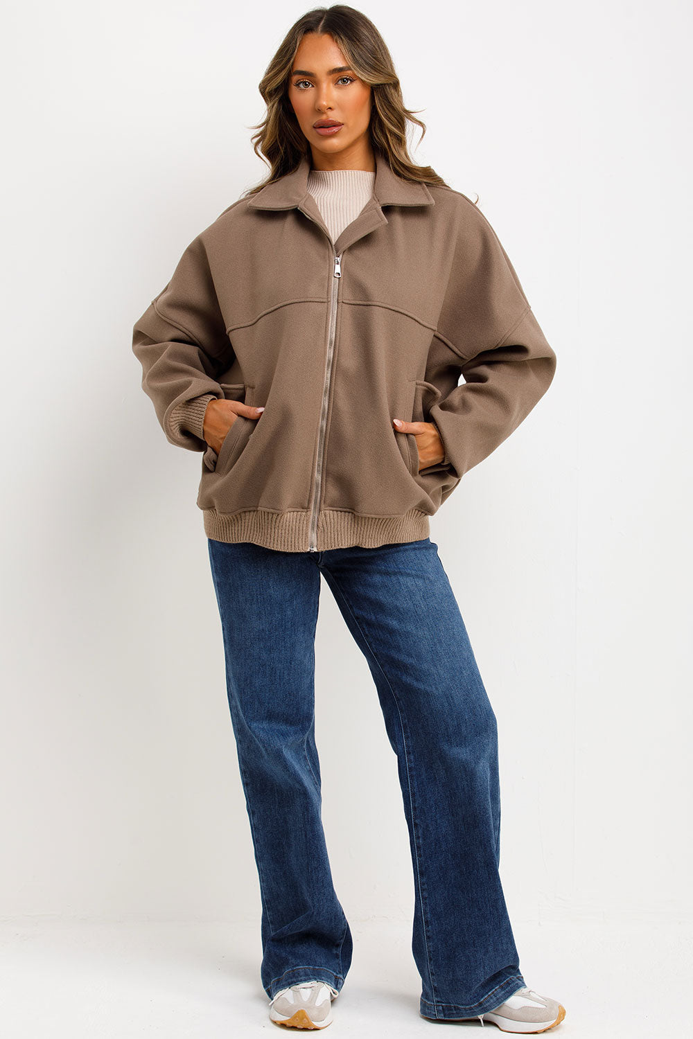 Soft Oversize Bomber Jacket with Collar Taupe | Xtralitty