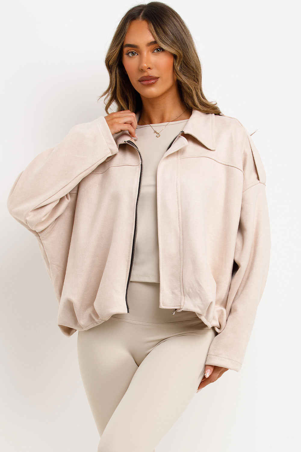 Faux Suede Bomber Jacket with Tabs Beige | Xtralitty