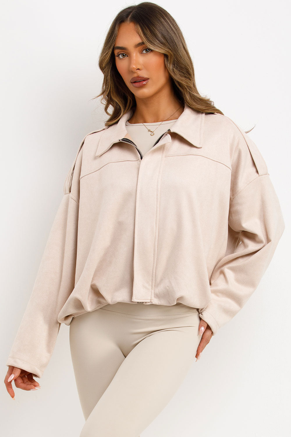 Faux Suede Bomber Jacket with Tabs Beige | Xtralitty