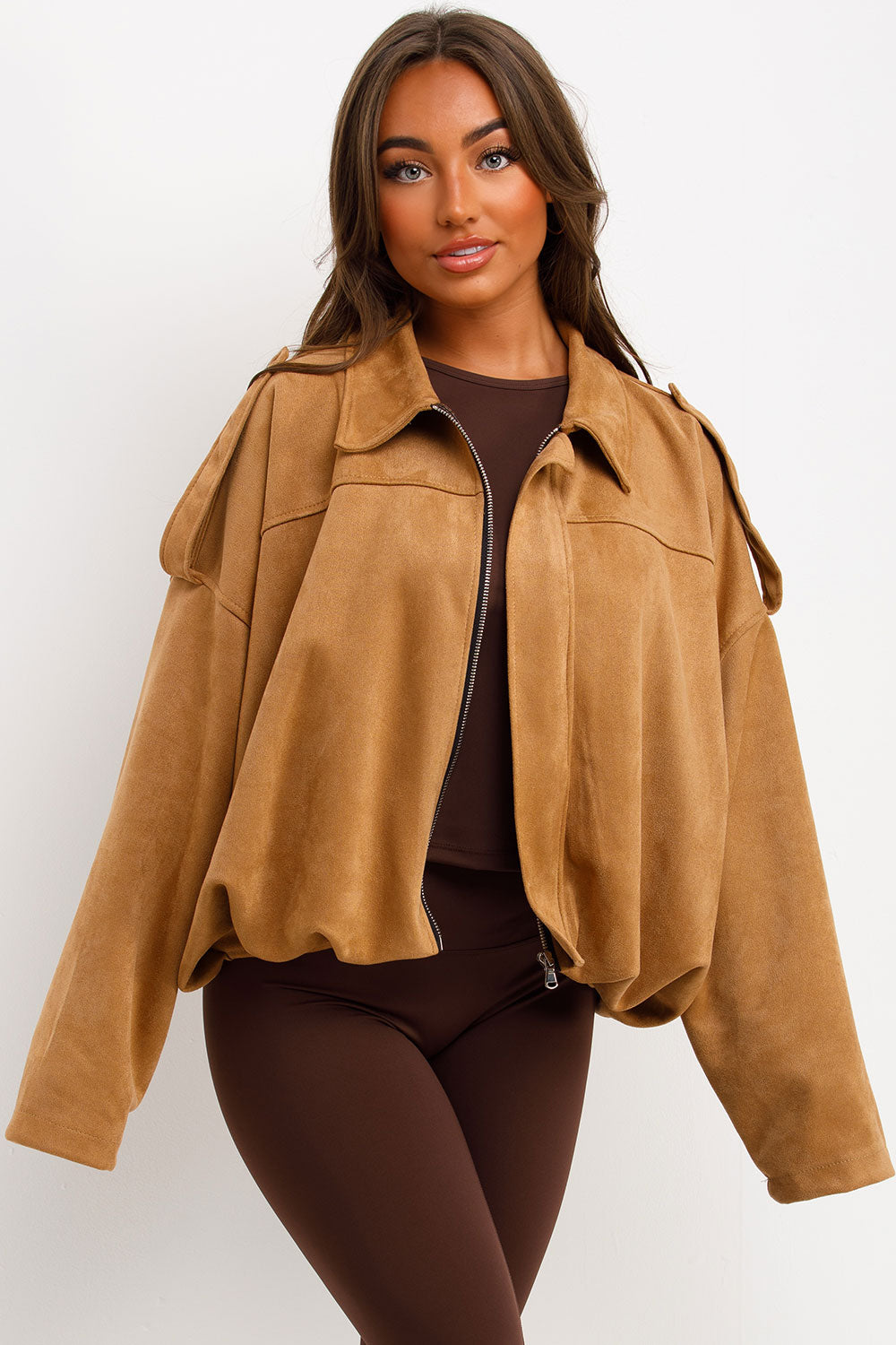Faux Suede Bomber Jacket with Tabs Taupe | Xtralitty