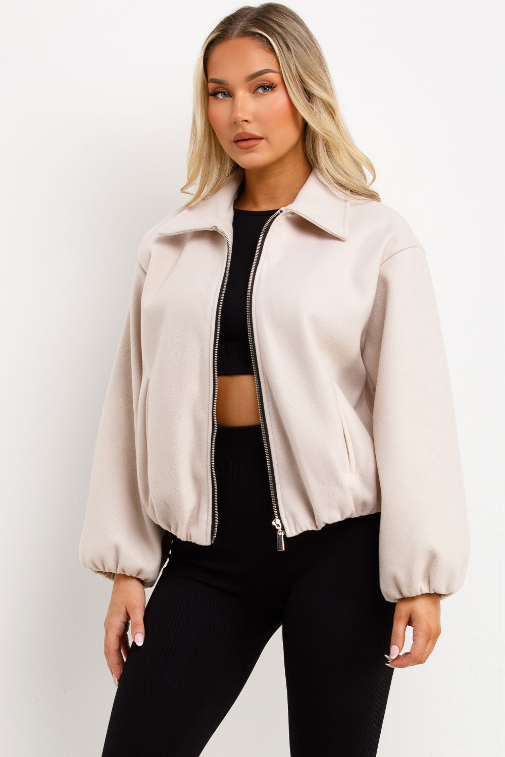 Puffed Bomber Jacket with Zip Beige | Xtralitty