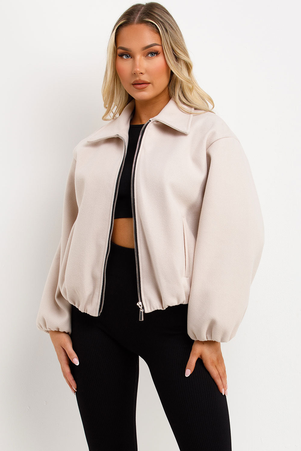 Puffed Bomber Jacket with Zip Beige | Xtralitty