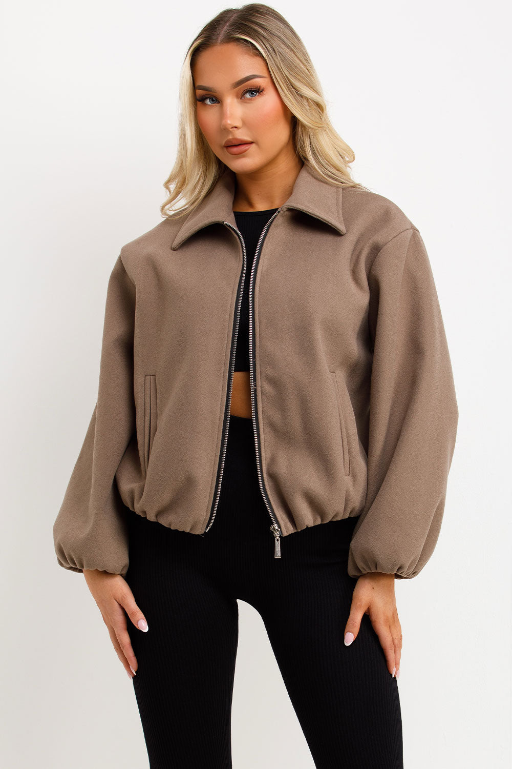 Puffed Bomber Jacket with Zip Taupe | Xtralitty