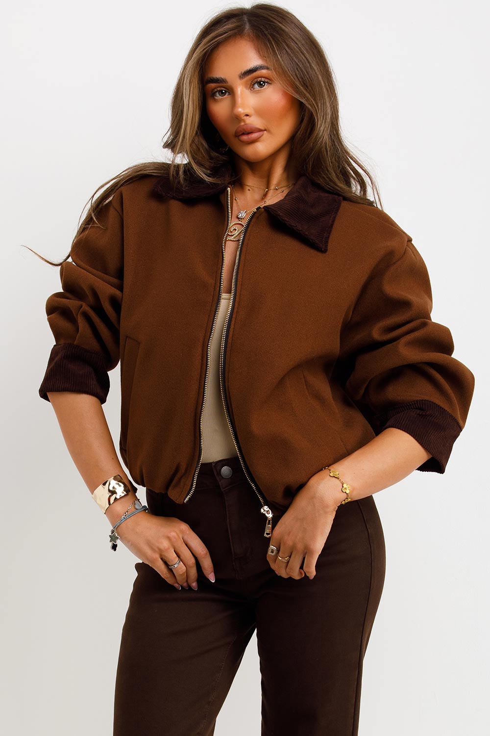 Shorts Bomber Jacket with Collar Brown | Xtralitty