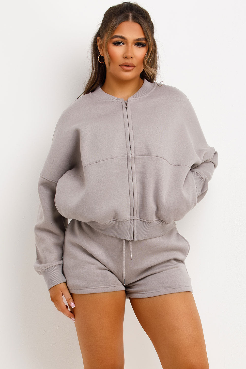 Bomber Jacket and Shorts Tracksuit Set Dove Grey | Xtralitty