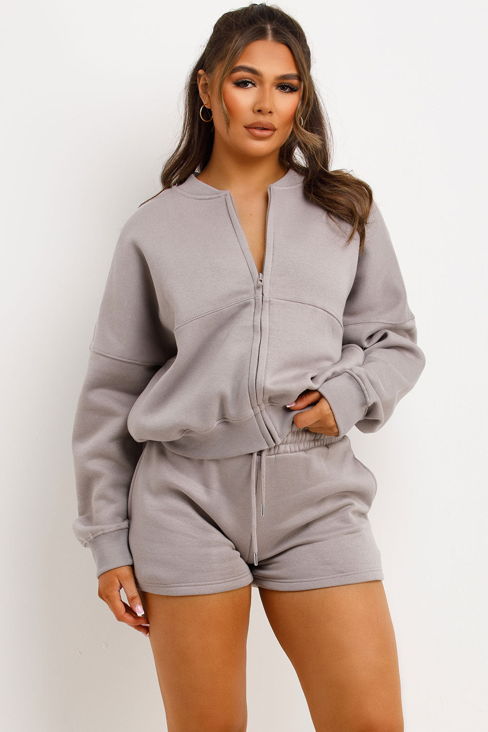 Bomber Jacket and Shorts Tracksuit Set Dove Grey | Xtralitty