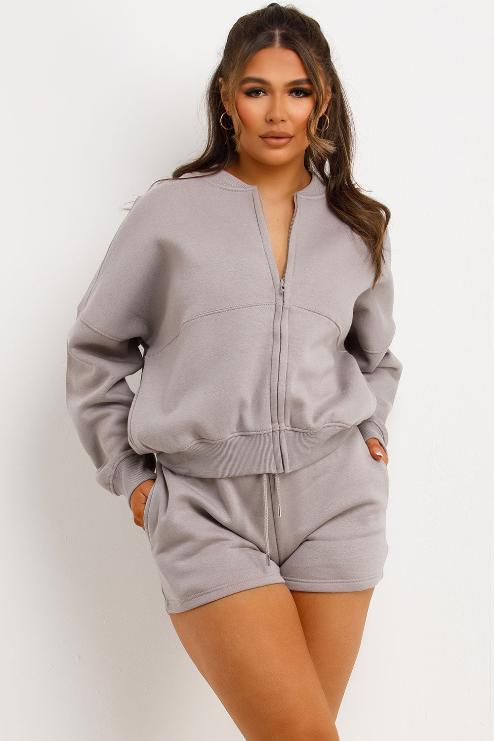 Bomber Jacket and Shorts Tracksuit Set Dove Grey | Xtralitty