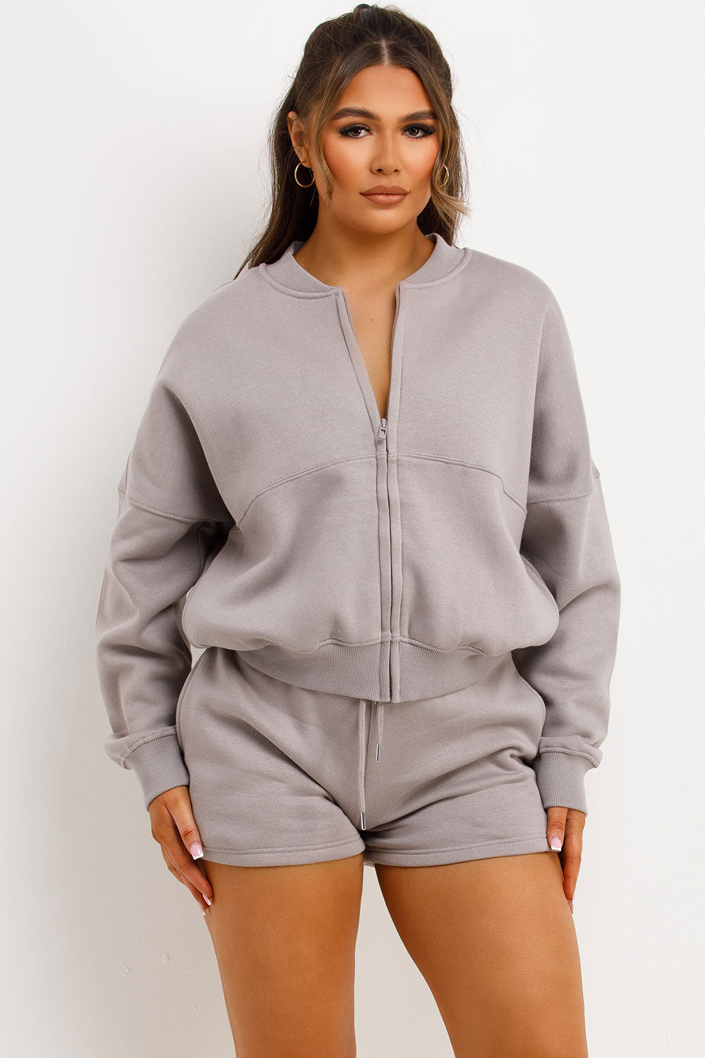 Bomber Jacket and Shorts Tracksuit Set Dove Grey | Xtralitty