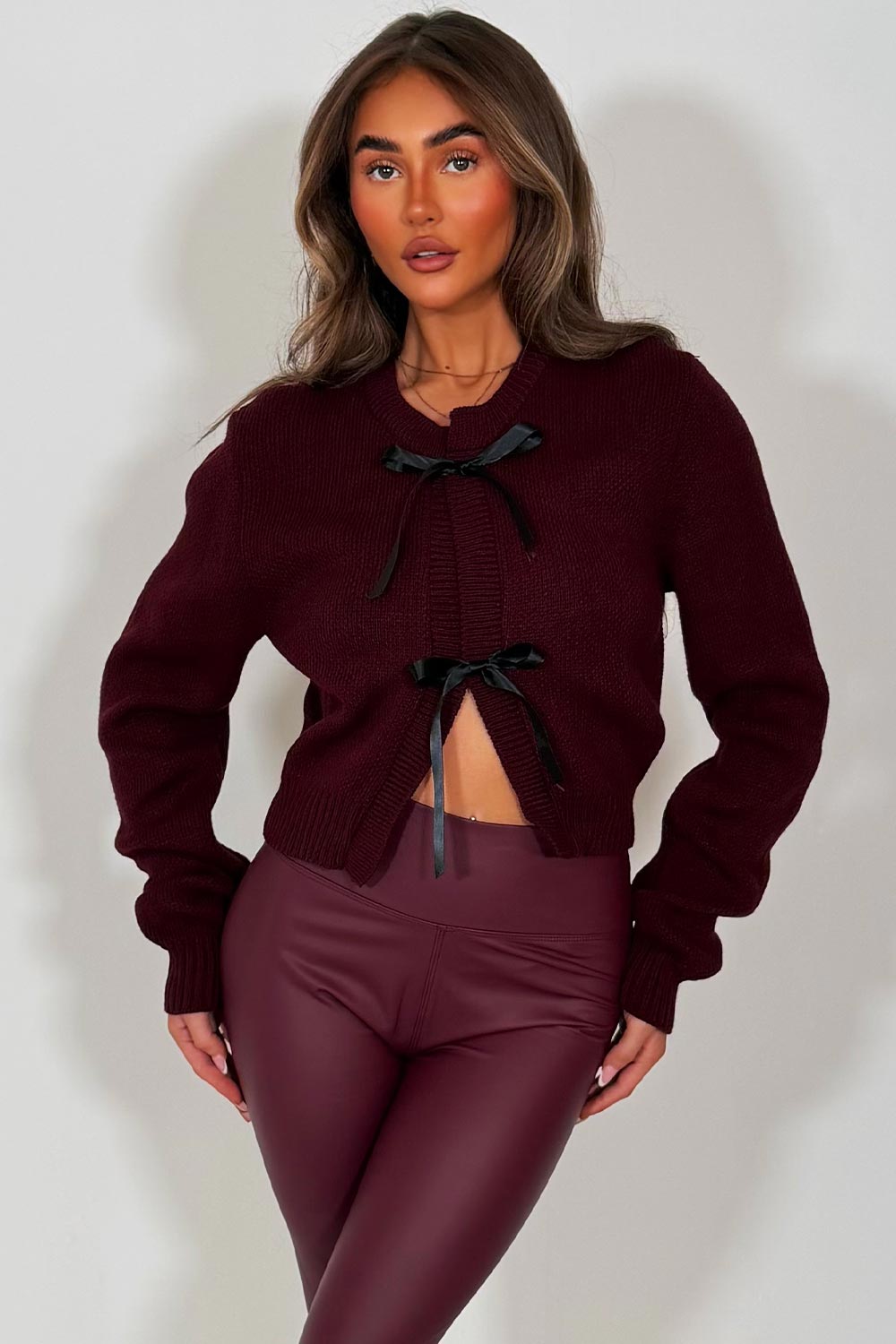 Burgundy Cardigan with Bow Tie Detail | Xtralitty
