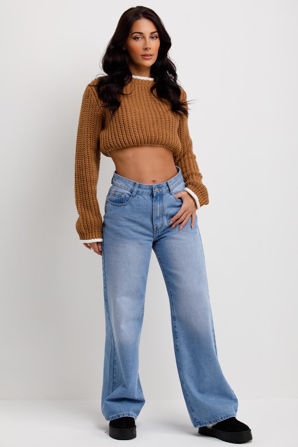 Brown Long Sleeve Knitted Cropped Jumper | Xtralitty