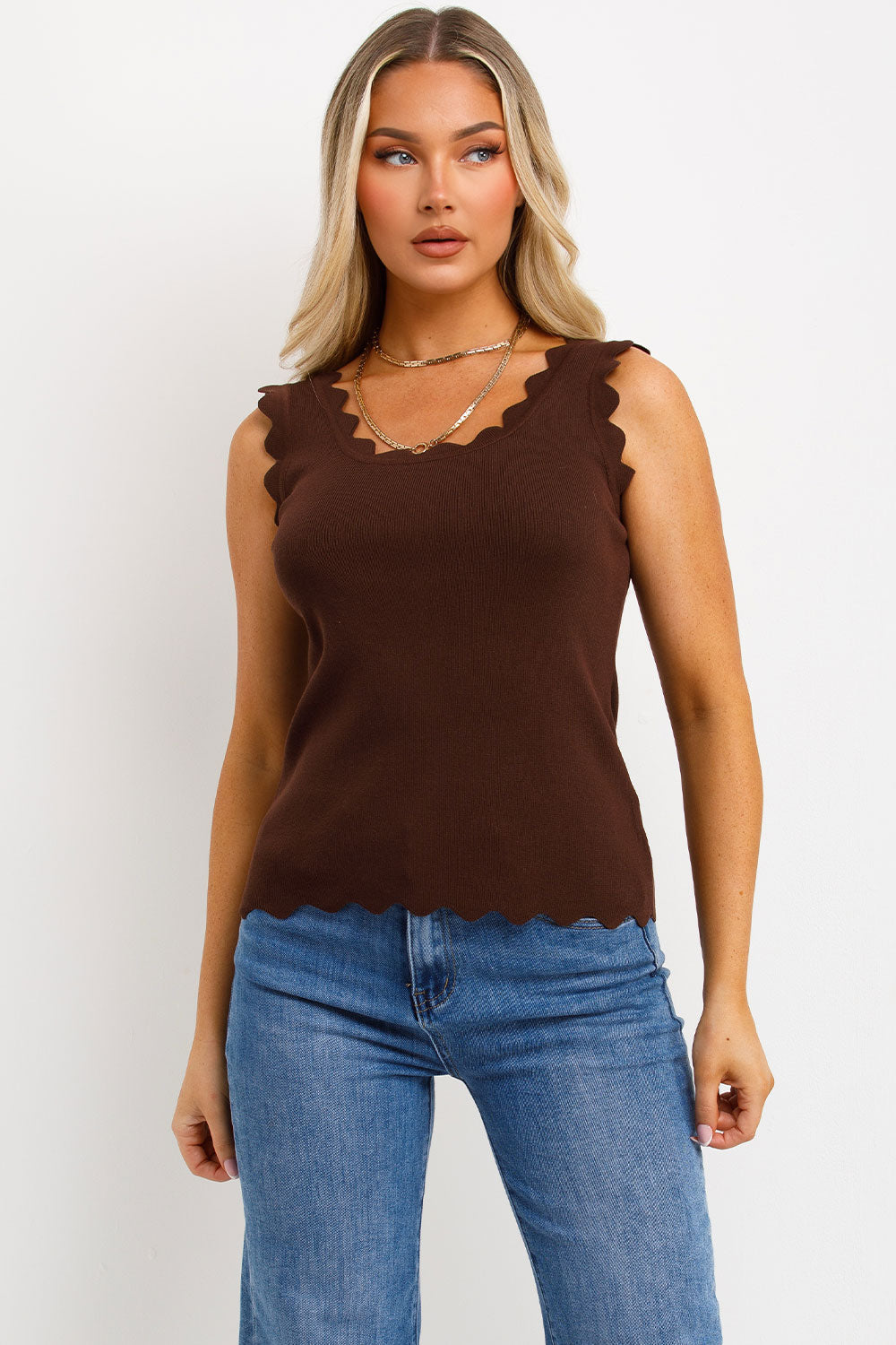 Knitted Cardigan Top with Scalloped Neck Brown | Xtralitty