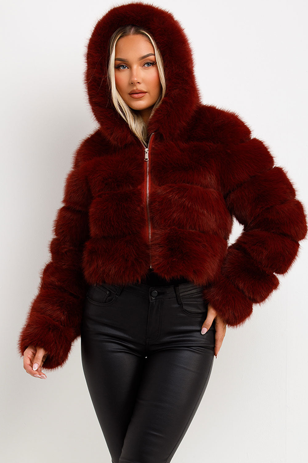Faux Fur Coat with Hood Burgundy | Xtralitty