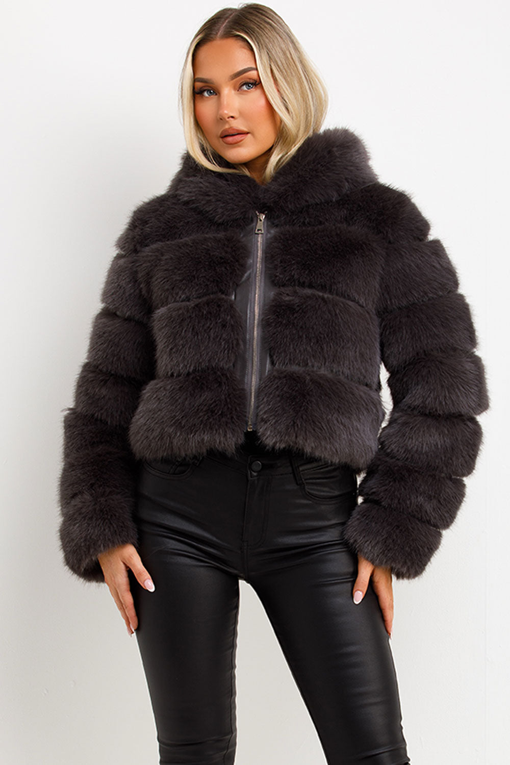 Faux Fur Coat with Hood Charcoal | Xtralitty