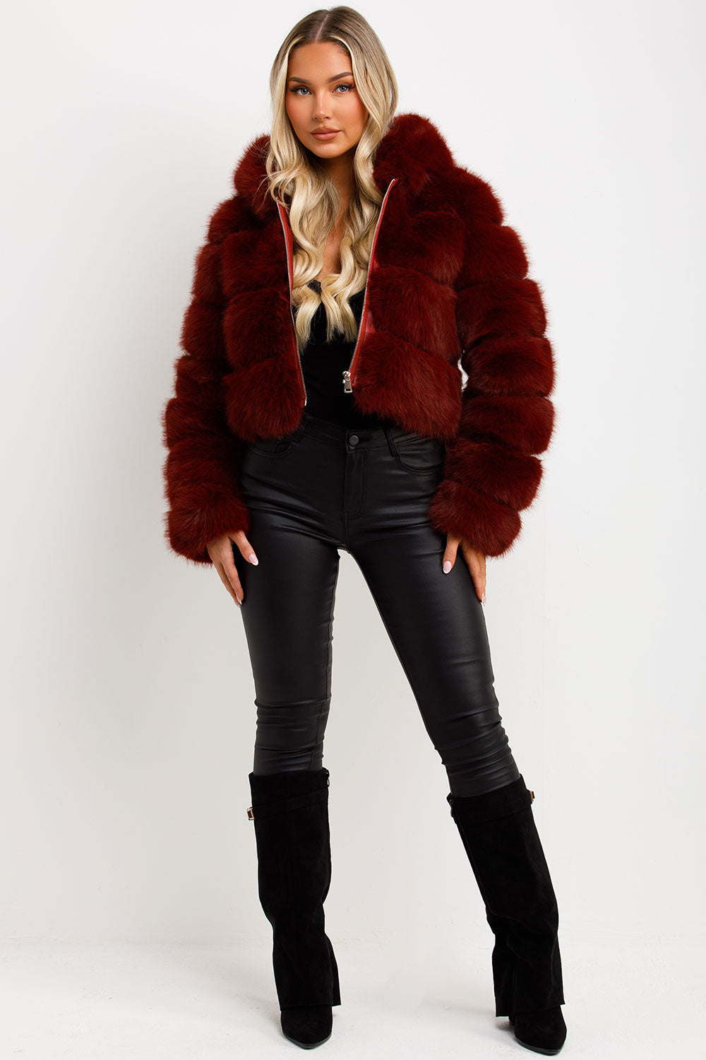 Faux Fur Coat with Hood Burgundy | Xtralitty
