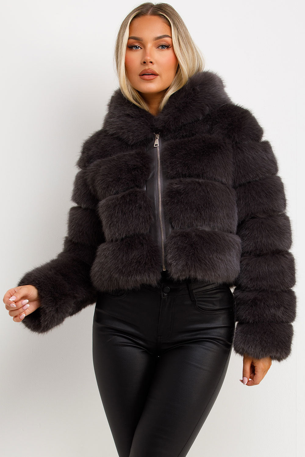 Faux Fur Coat with Hood Charcoal | Xtralitty