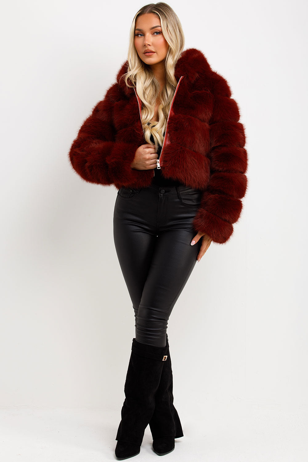 Faux Fur Coat with Hood Burgundy | Xtralitty
