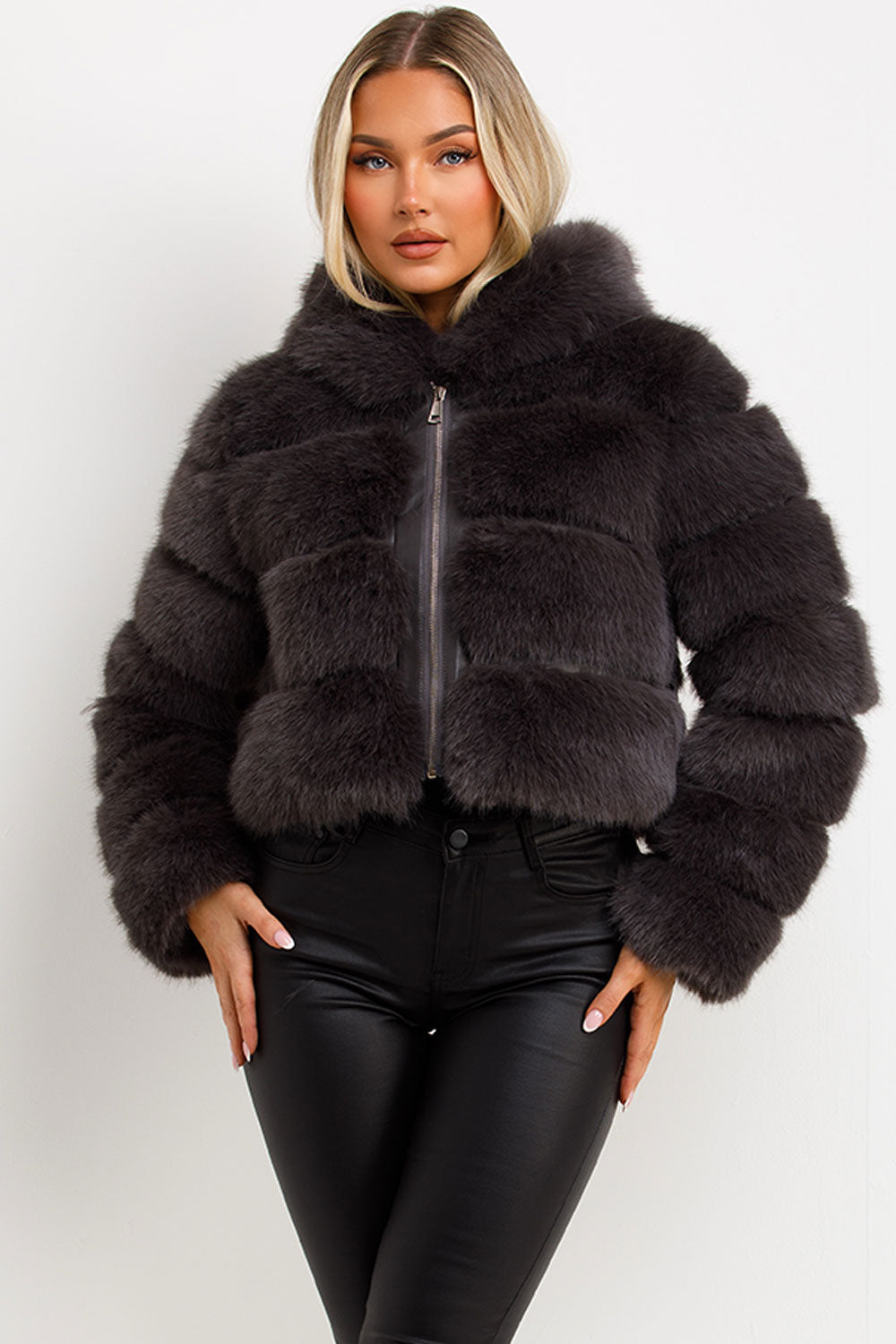 Faux Fur Coat with Hood Charcoal | Xtralitty