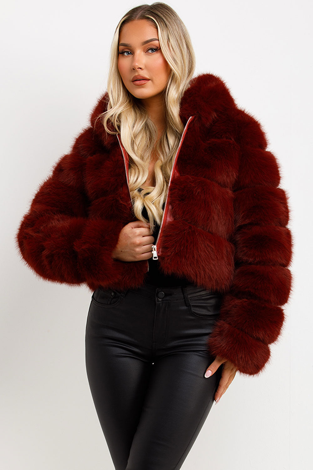 Faux Fur Coat with Hood Burgundy | Xtralitty